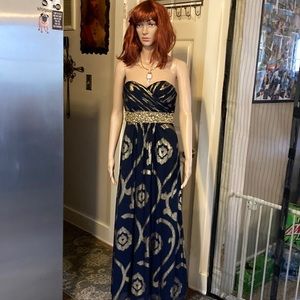 Betsy & Adam navy and gold strapless gown size 2P